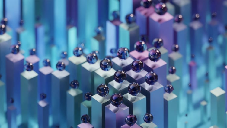 3D molecular structure visualization with interconnected blue spheres and white cubic nodes on a gradient background
