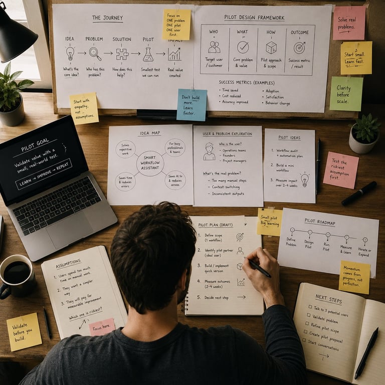 Person working on design planning documents and sketches spread across desk with laptop, coffee, and sticky notes