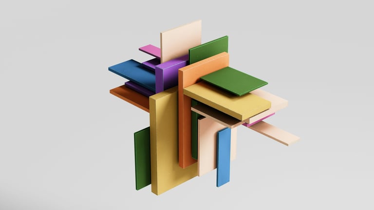 Colorful stacked 3D blocks and rectangles in various colors including blue, purple, green, yellow, orange, and beige arranged in an abstract composition