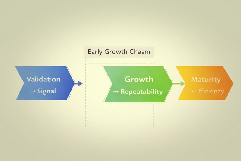 Early Growth Chasm diagram showing three stages: blue Validation Signal box, green Growth Repeatability box, and orange Maturity Efficiency box connected by arrows