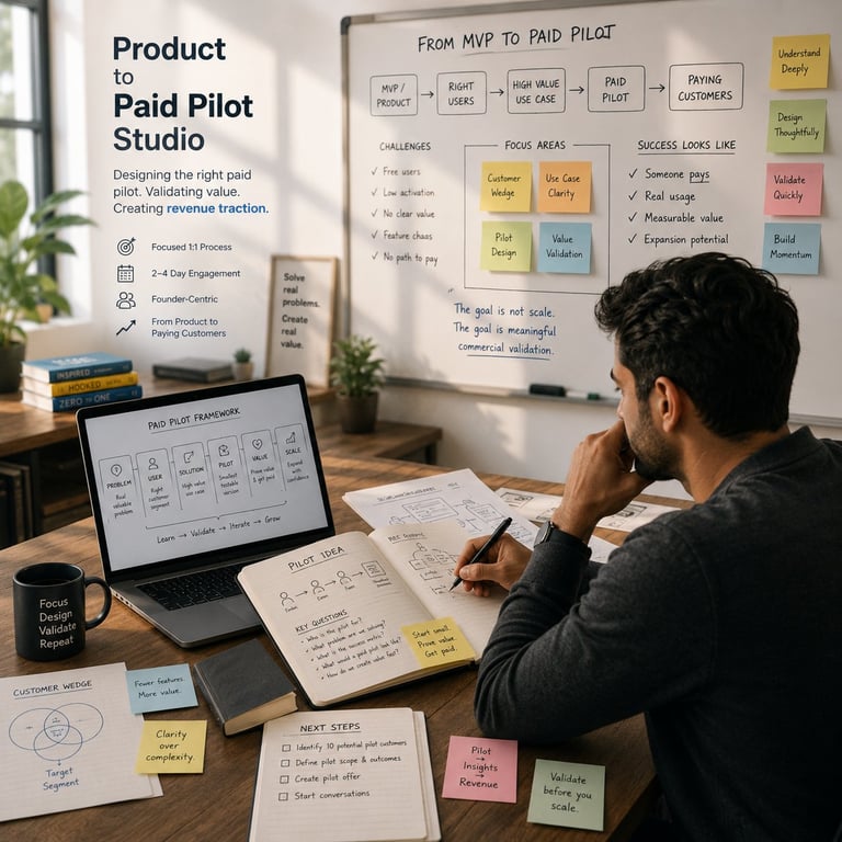 Man working on product to paid pilot studio strategy with laptop, whiteboard sketches, sticky notes, and planning documents at desk