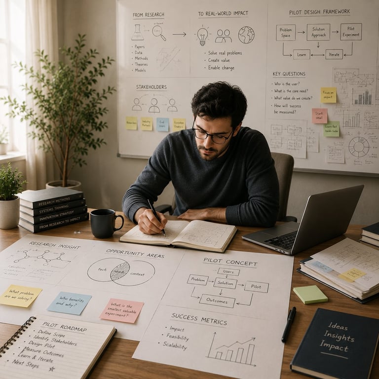 Male designer working at desk with sketches, laptop, and whiteboard displaying UX research and design framework concepts