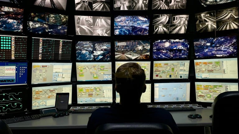 Person silhouetted at desk monitoring multiple displays showing satellite imagery, maps, and data on a large control room wall.