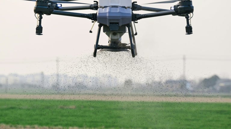 Agricultural drone spraying pesticide over a green field with farmland visible in the background
