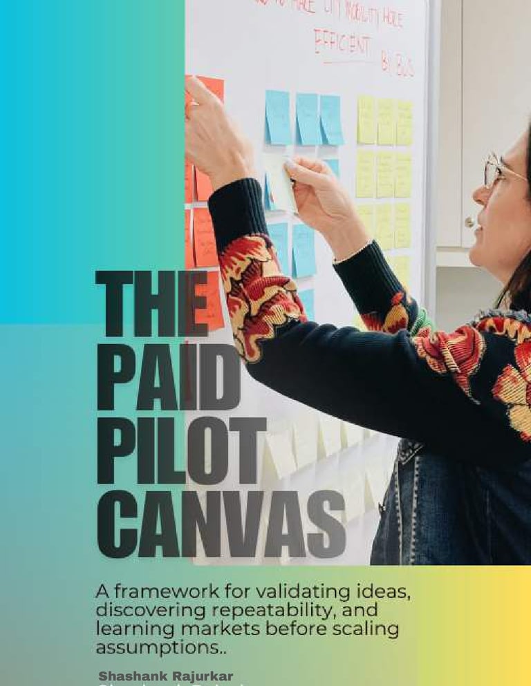 Person placing sticky notes on a whiteboard next to The Paid Pilot Canvas book cover about validating business ideas