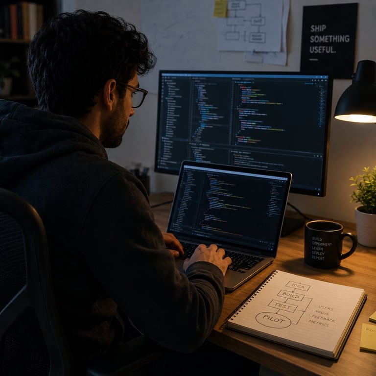 Developer working at night on multiple monitors displaying code, with notebook and coffee mug on desk
