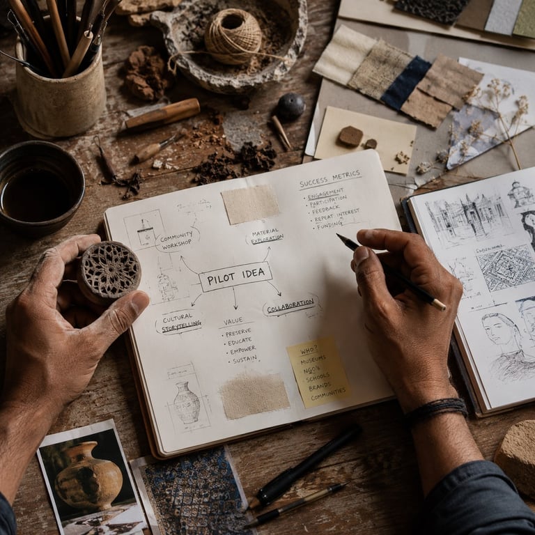 Designer sketching a pilot idea in notebook surrounded by materials, pencils, and reference images on a work table